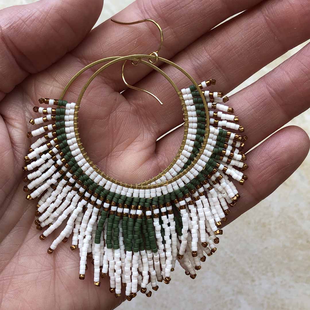 Large Beaded Fringe Statement Hoop Earrings - White, Olive, Bronze