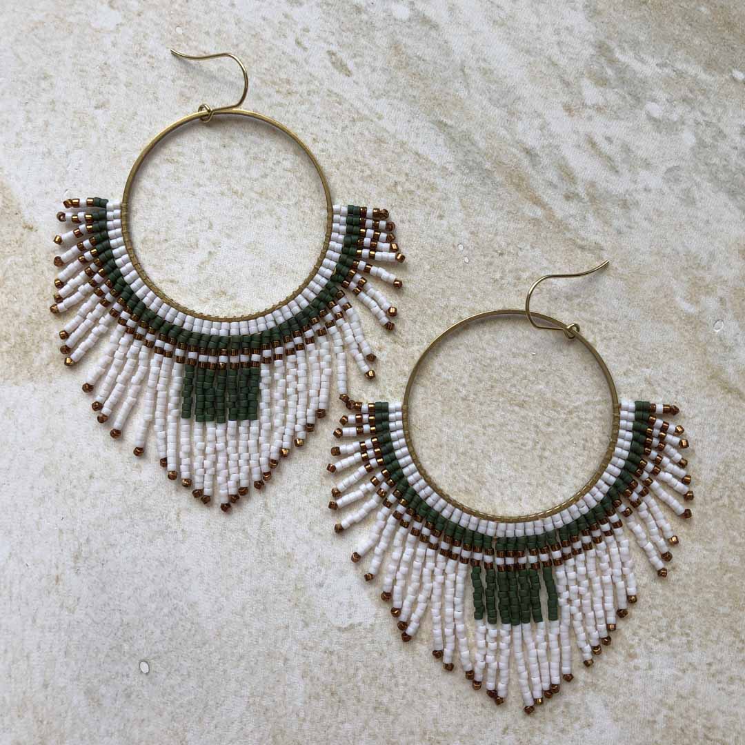 Large Beaded Fringe Statement Hoop Earrings - White, Olive, Bronze