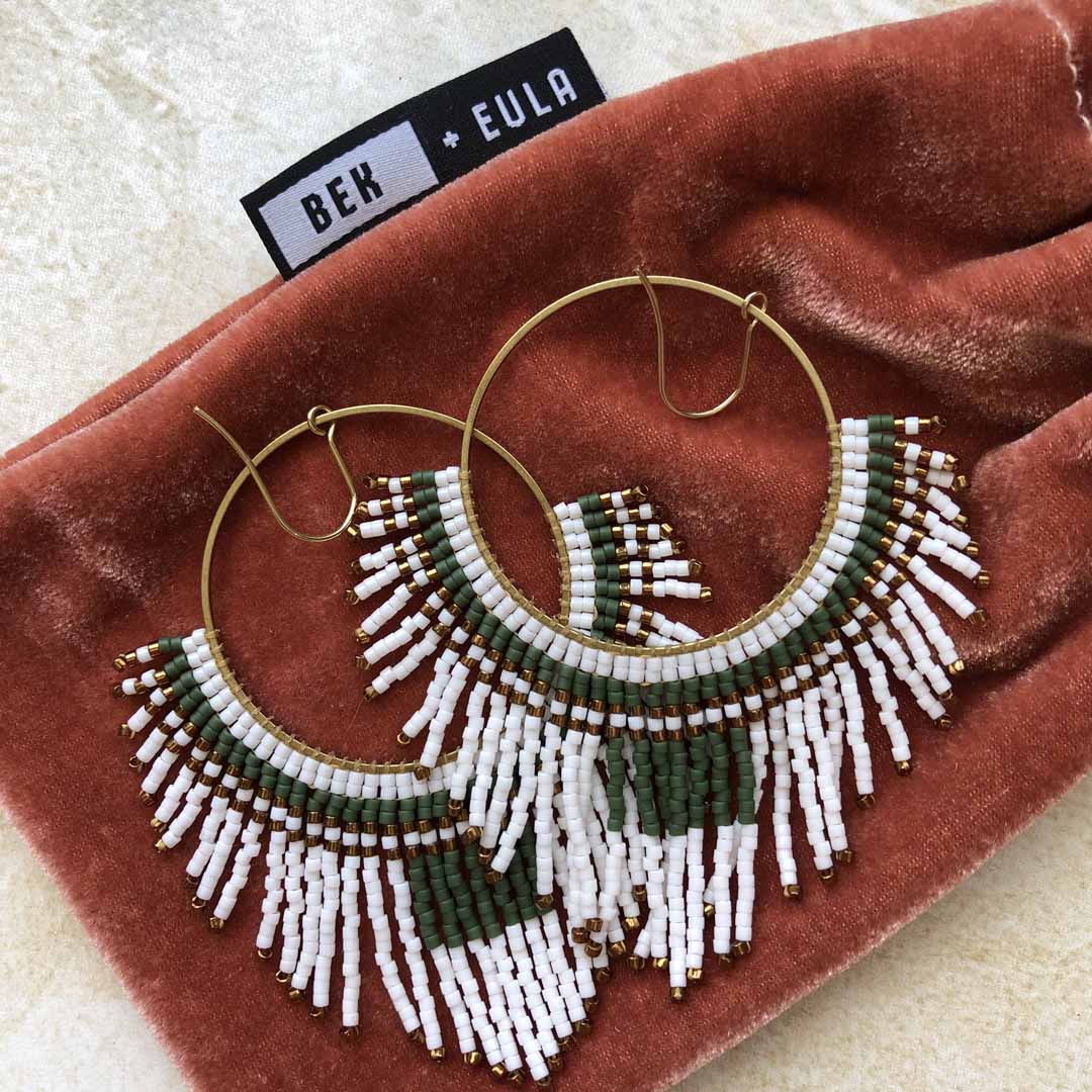 Large Beaded Fringe Statement Hoop Earrings - White, Olive, Bronze