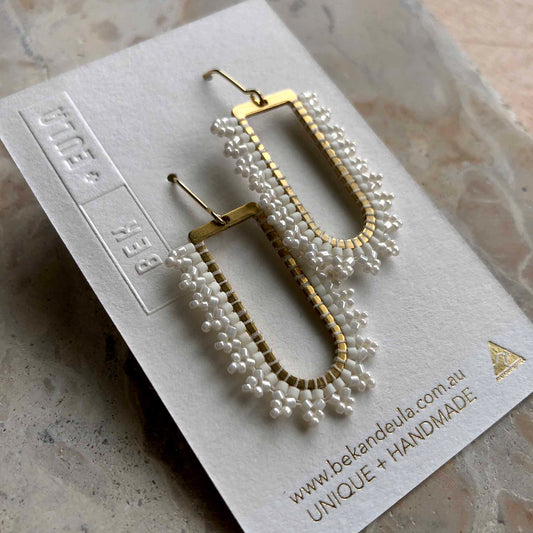 D Ring Arch Delica Glass Bead Earrings White