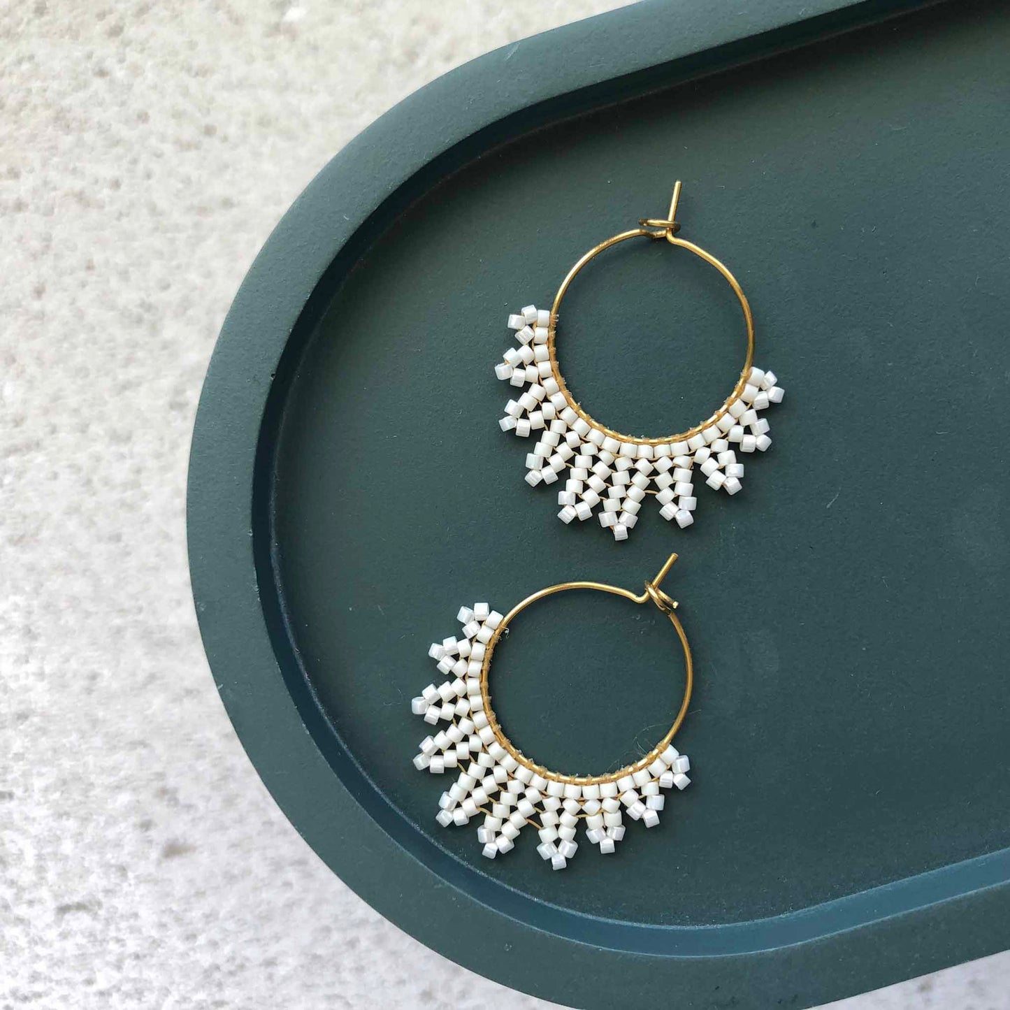 Small Delica Herringbone Hoop Bead Earrings - Soft White on White