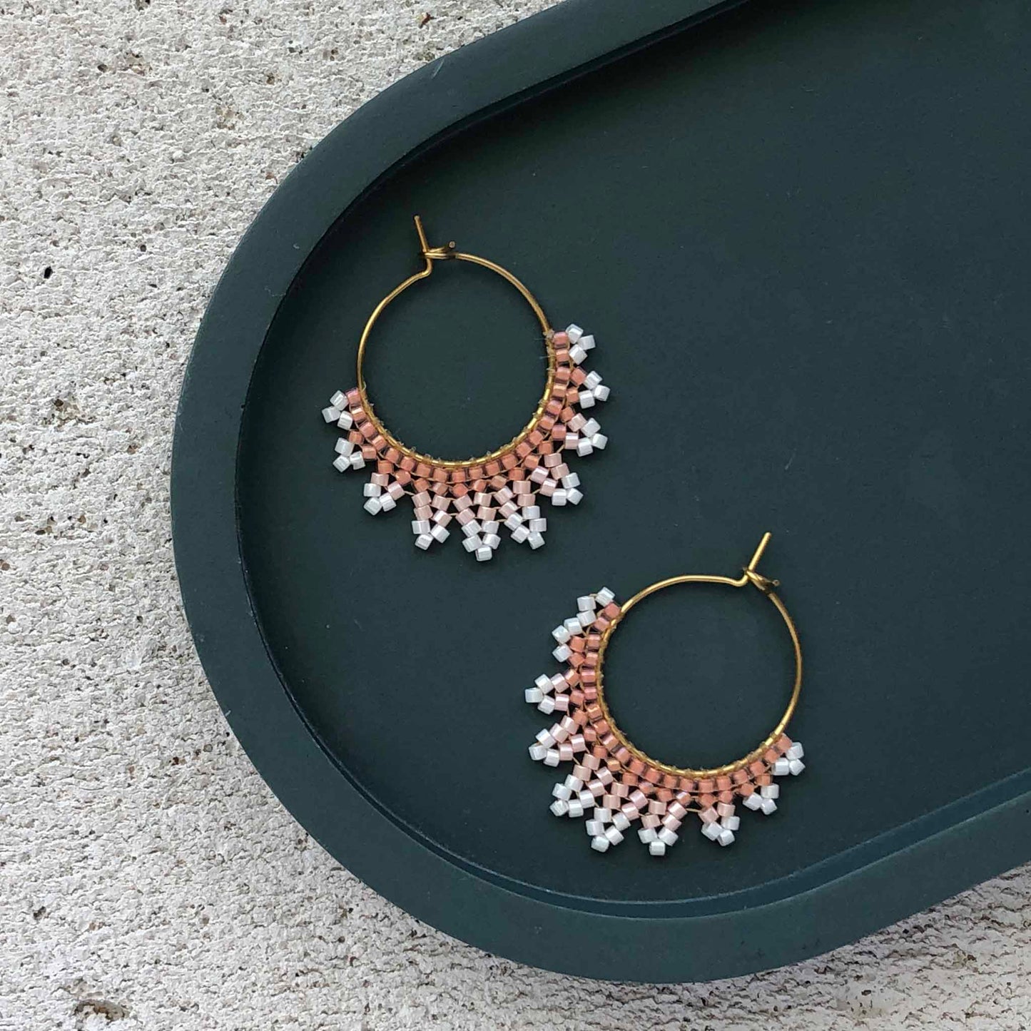 Small Delica Herringbone Hoop Bead Earrings - Peaches and Cream