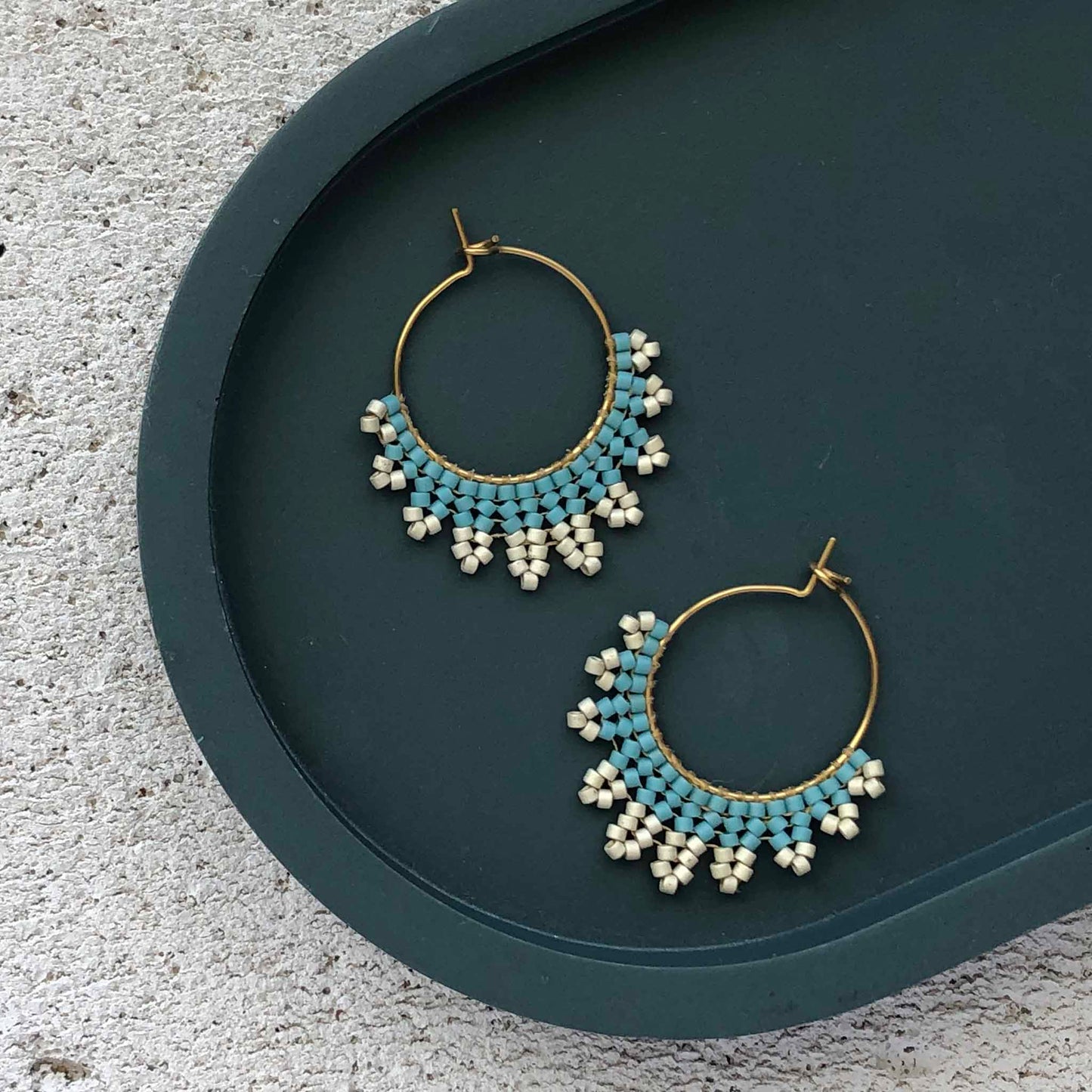 Small Delica Herringbone Hoop Bead Earrings - Turquoise and Galvanised Silver