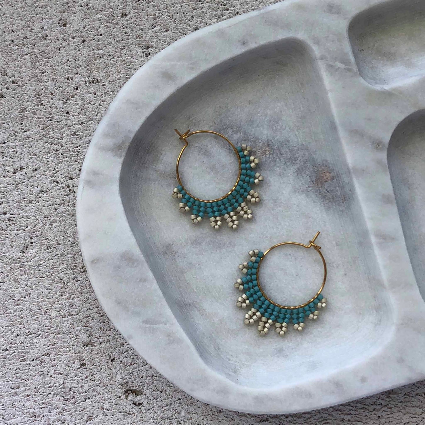 Small Delica Herringbone Hoop Bead Earrings - Turquoise and Galvanised Silver