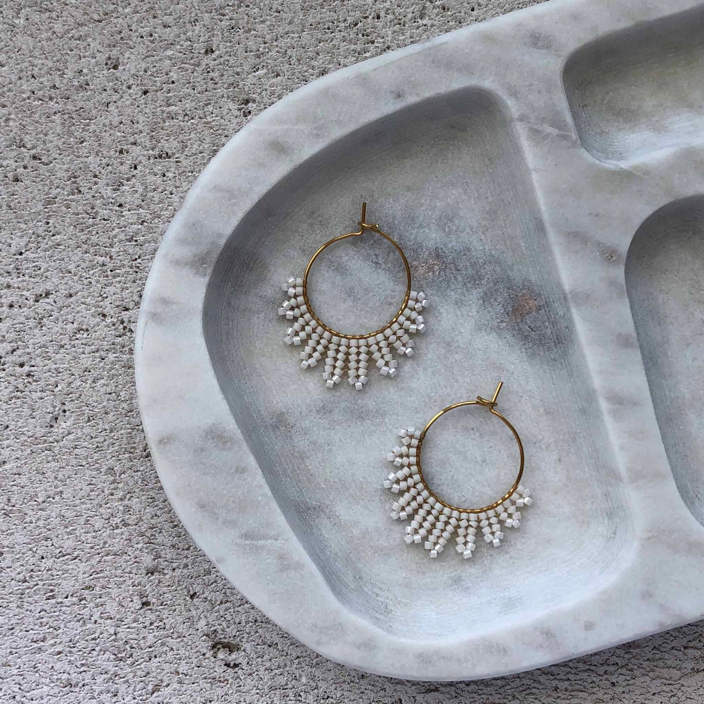 Small Delica Herringbone Hoop Bead Earrings - Soft White on White