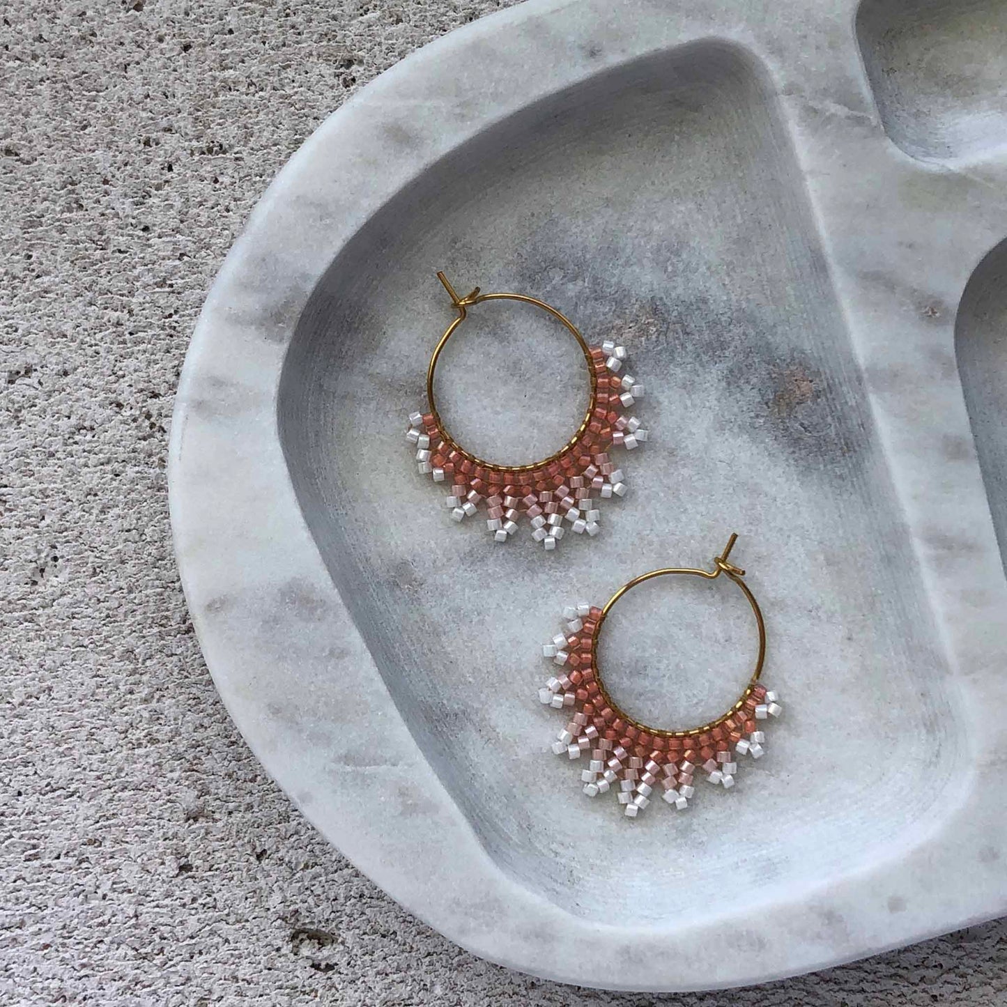 Small Delica Herringbone Hoop Bead Earrings - Peaches and Cream