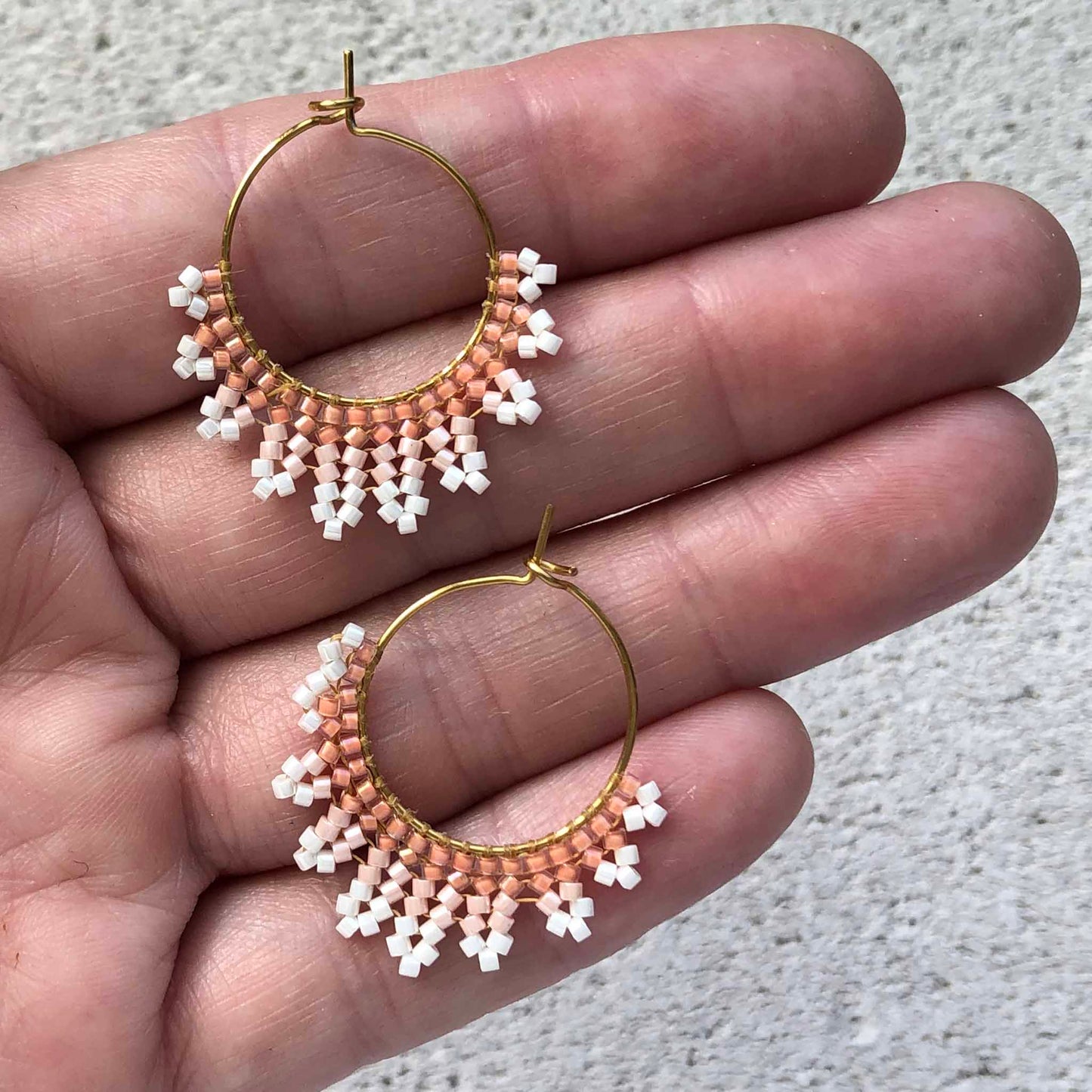 Small Delica Herringbone Hoop Bead Earrings - Peaches and Cream