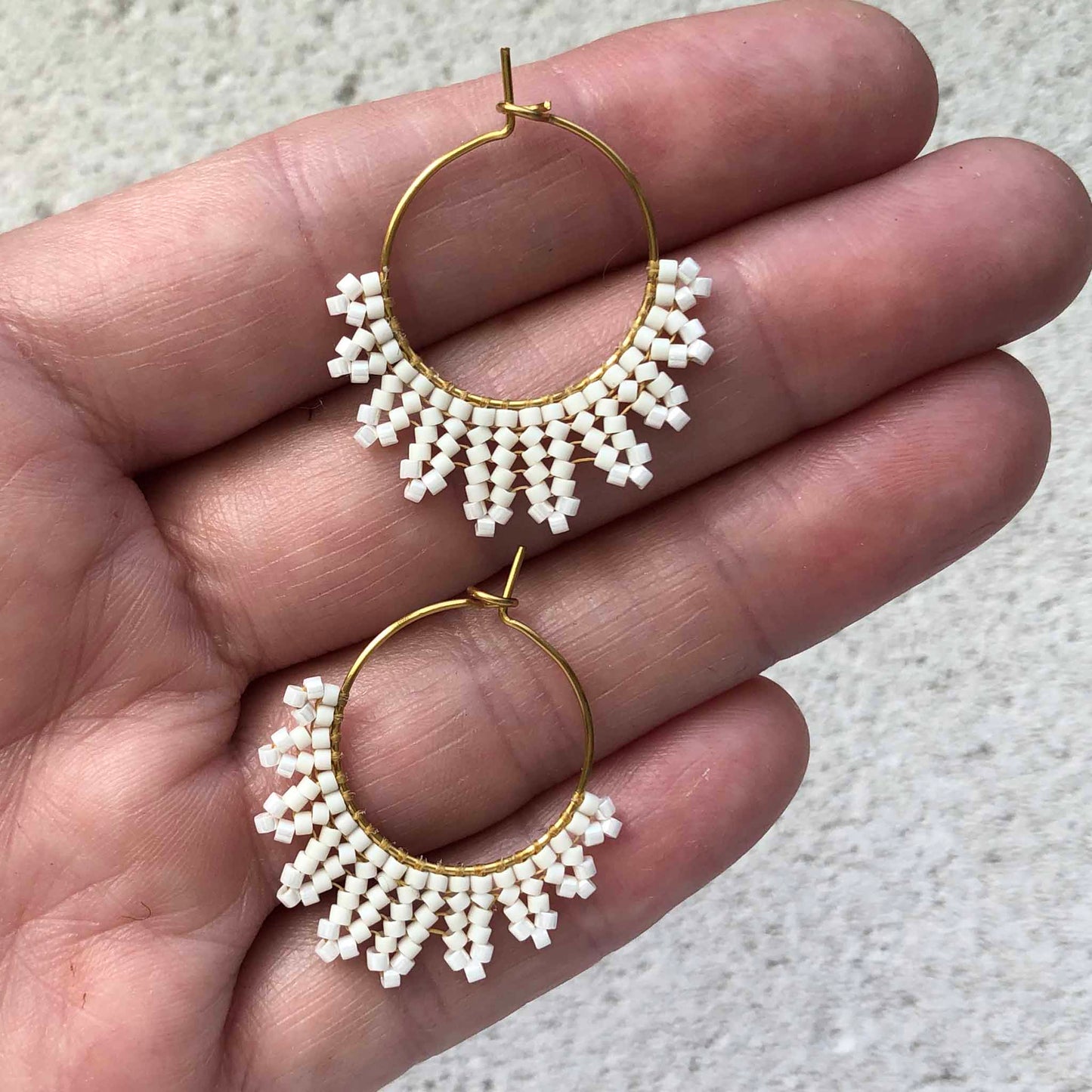 Small Delica Herringbone Hoop Bead Earrings - Soft White on White