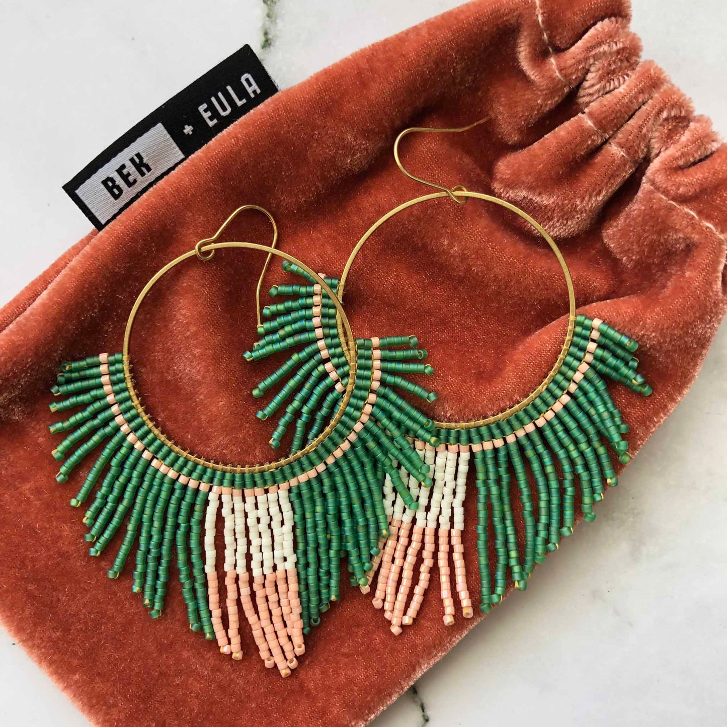 Large Beaded Fringe Statement Hoop Earrings - Green