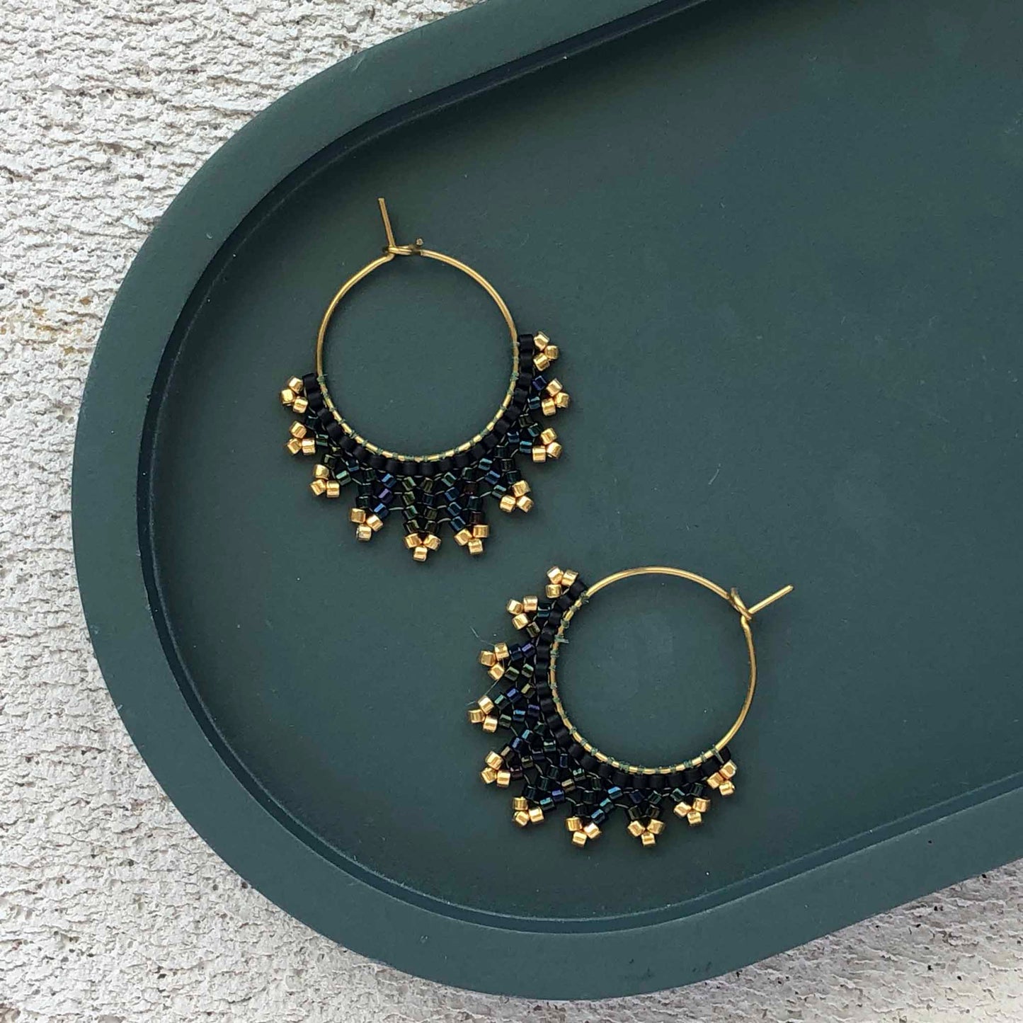 Small Delica Herringbone Hoop Bead Earrings - Black and Gold