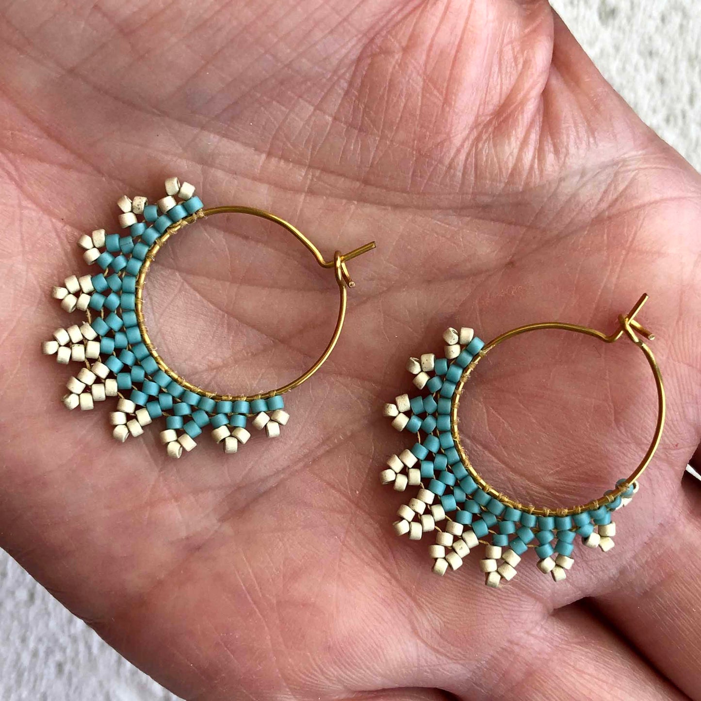 Small Delica Herringbone Hoop Bead Earrings - Turquoise and Galvanised Silver
