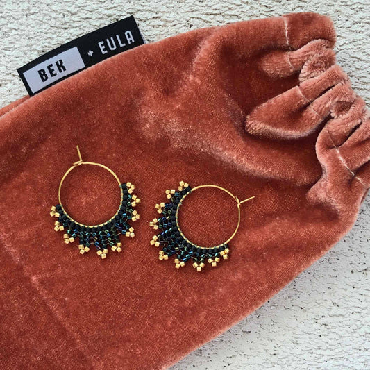 Small Delica Herringbone Hoop Bead Earrings - Black and Gold