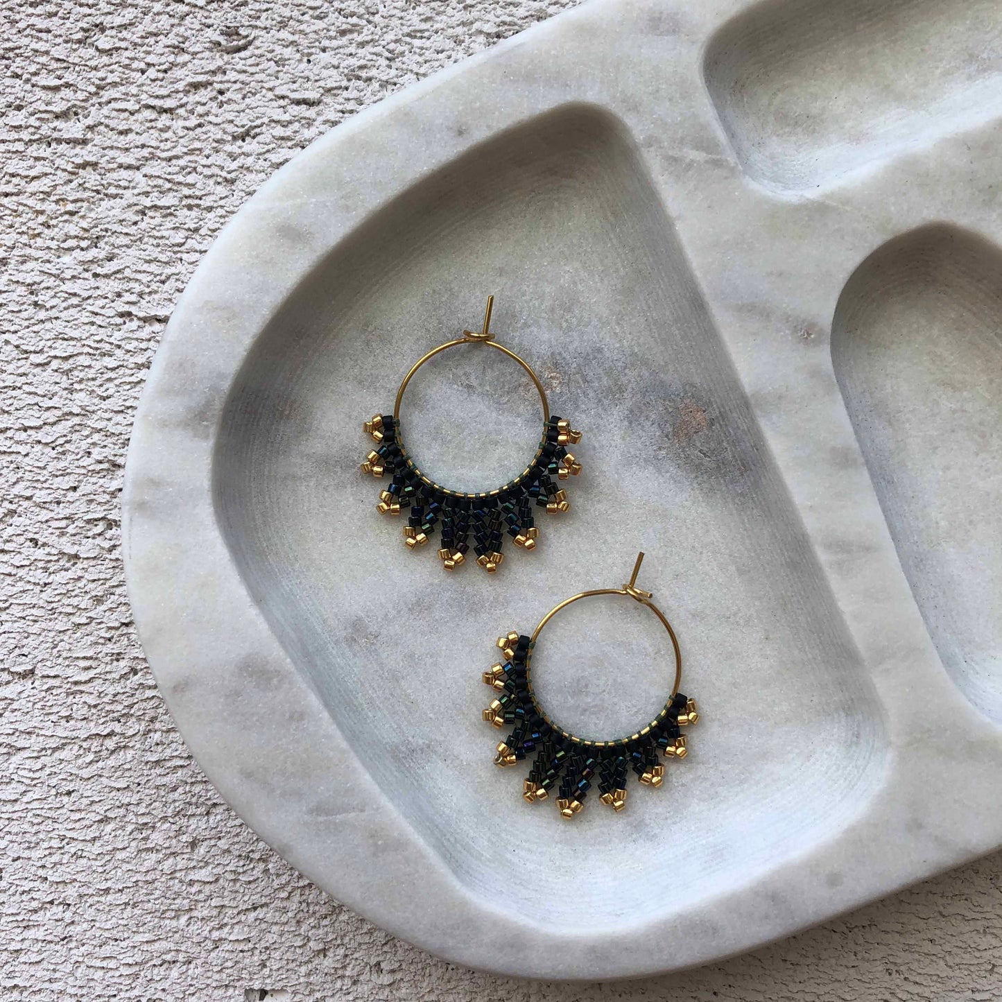 Small Delica Herringbone Hoop Bead Earrings - Black and Gold