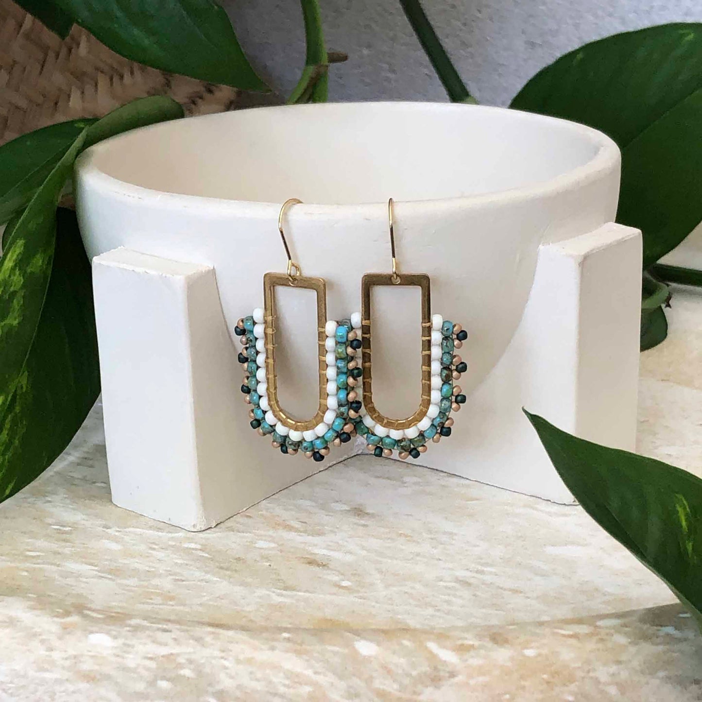 D Ring Dangle Bead Earrings - White and Turquoise