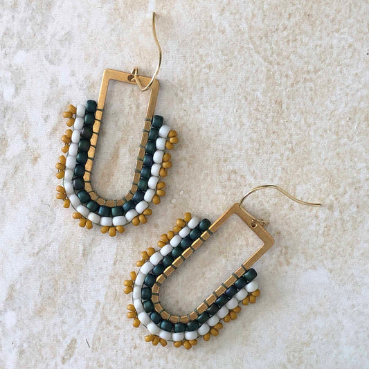 D Ring Dangle Bead Earrings - Dark Teal, White and Mustard