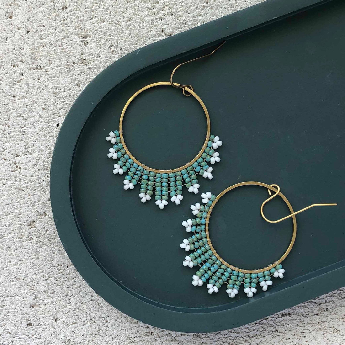 Medium Delica Herringbone Hoop Bead Earrings - Seafoam Green