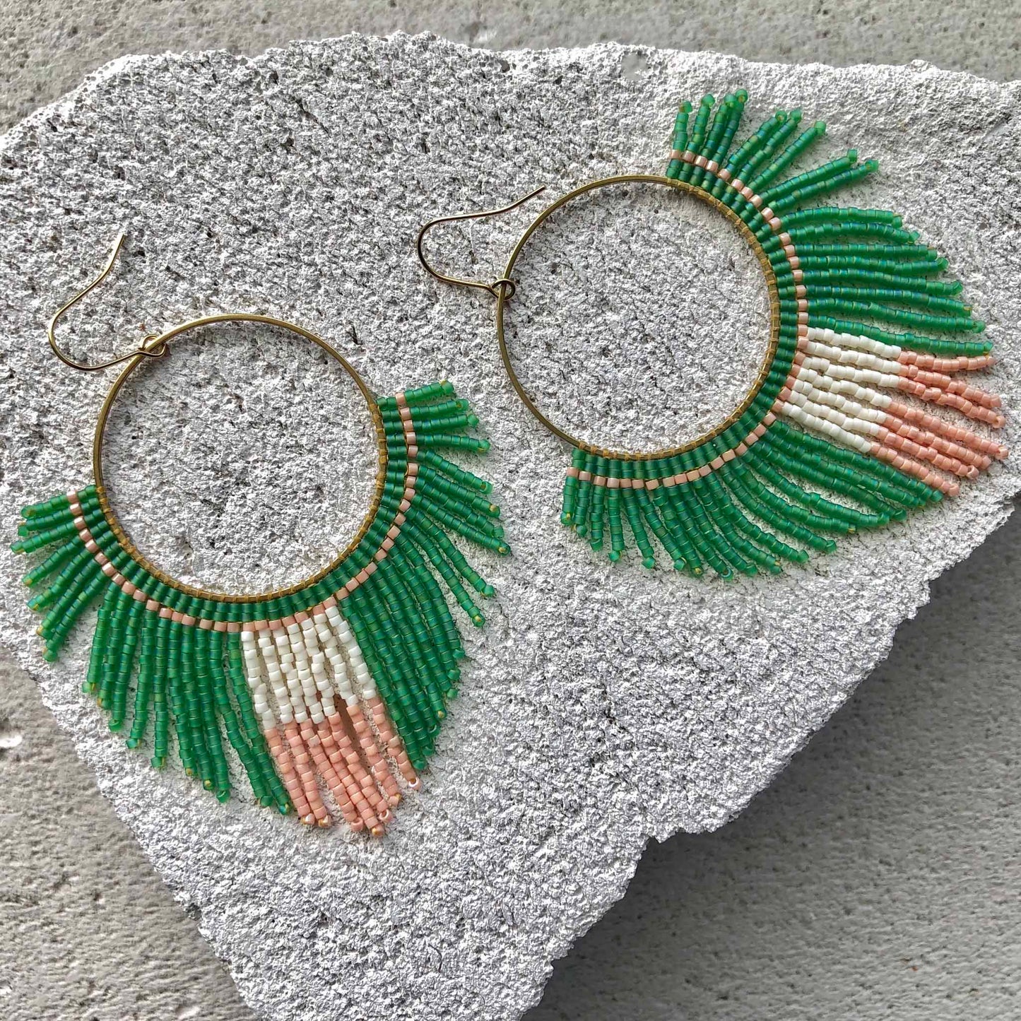 Large Beaded Fringe Statement Hoop Earrings - Green