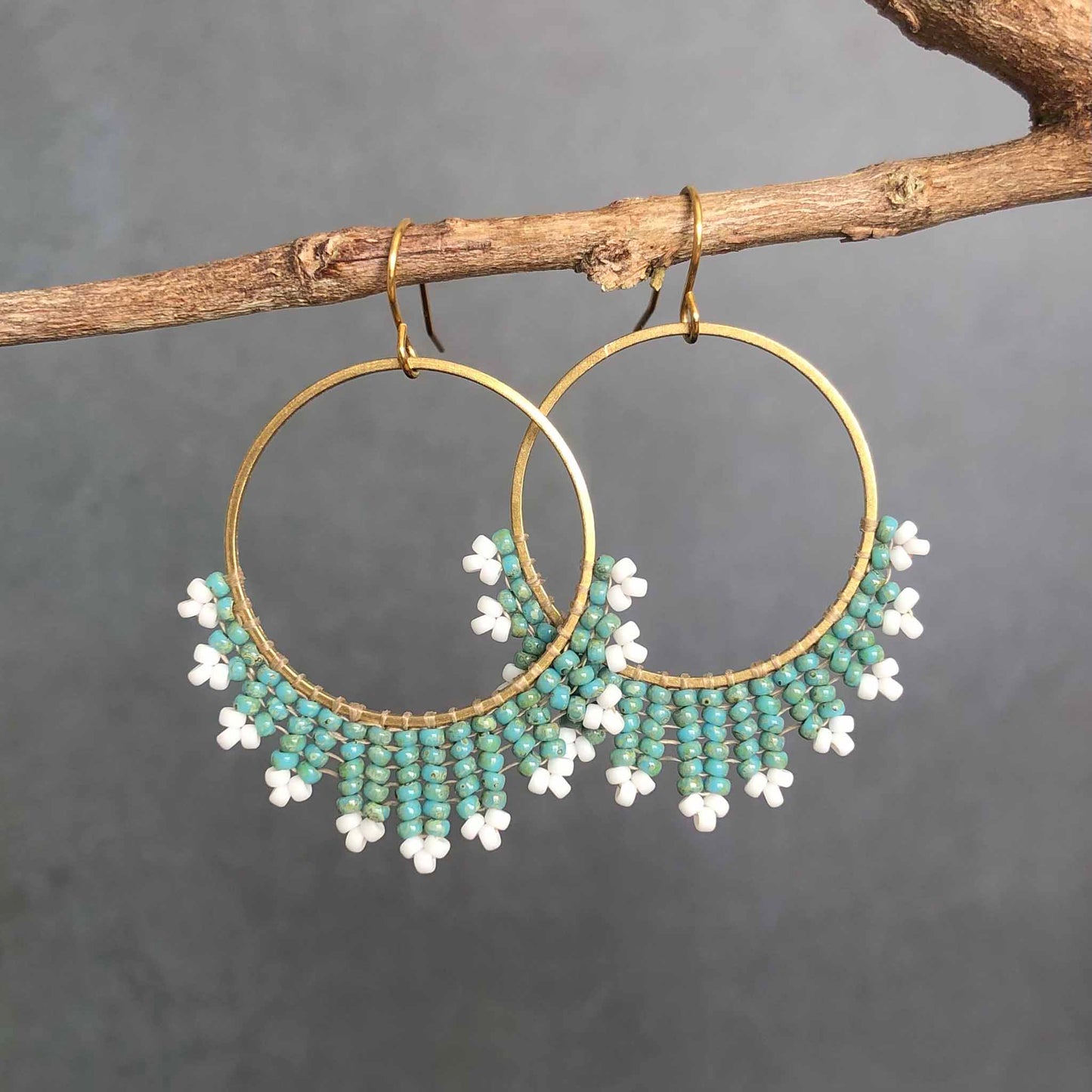 Medium Delica Herringbone Hoop Bead Earrings - Seafoam Green