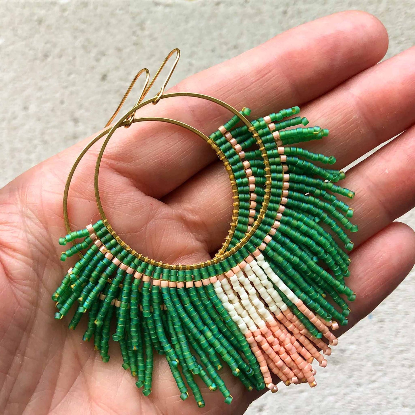 Large Beaded Fringe Statement Hoop Earrings - Green