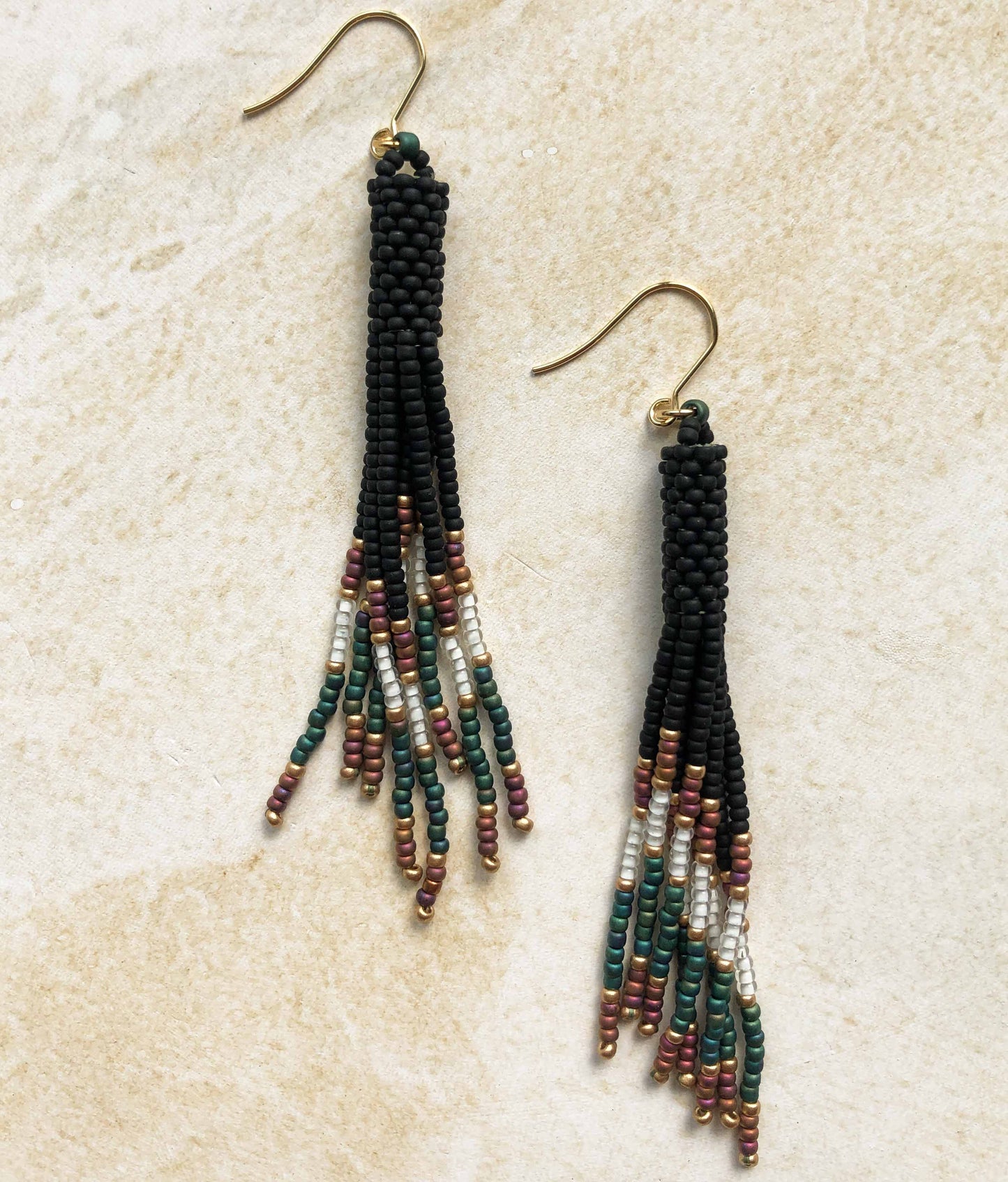 Long Boho Fringe Bead Earrings - Matt Black/Gold/Rust/White/Teal