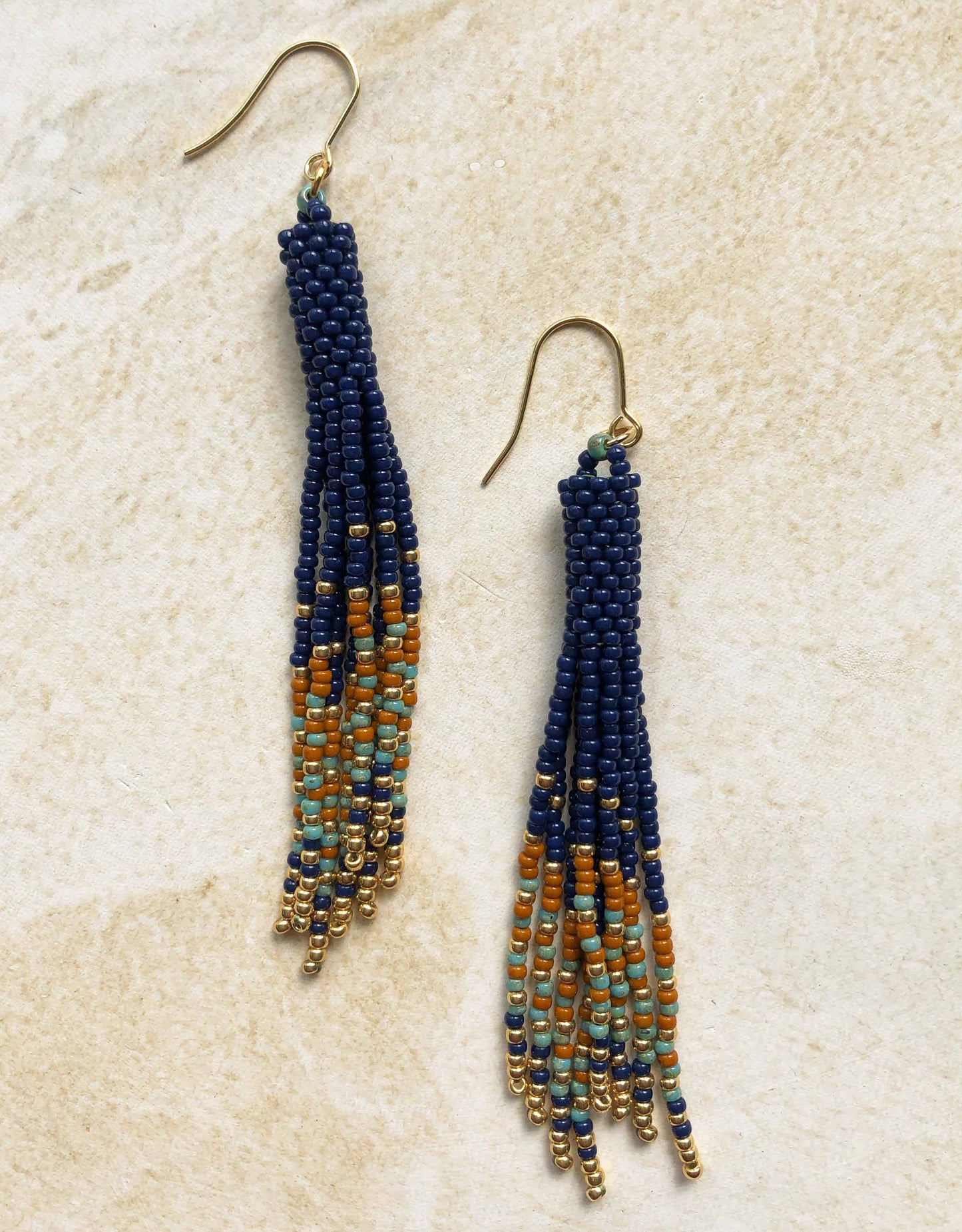 Long Boho Fringe Bead Earrings - Navy/Gold/Turquoise/Caramel