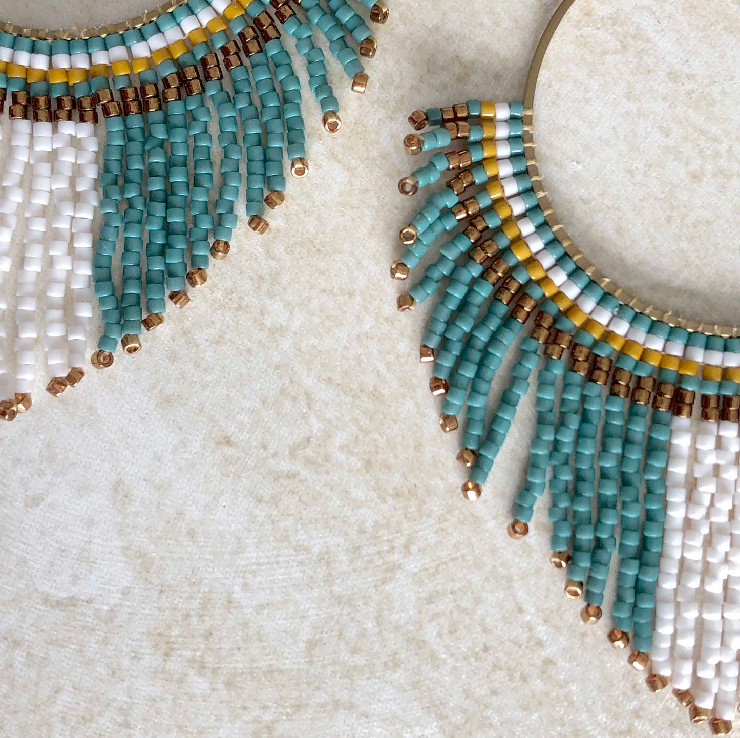 Large Beaded Fringe Statement Hoop Earrings - Eucalyptus/Mustard/Bronze/White