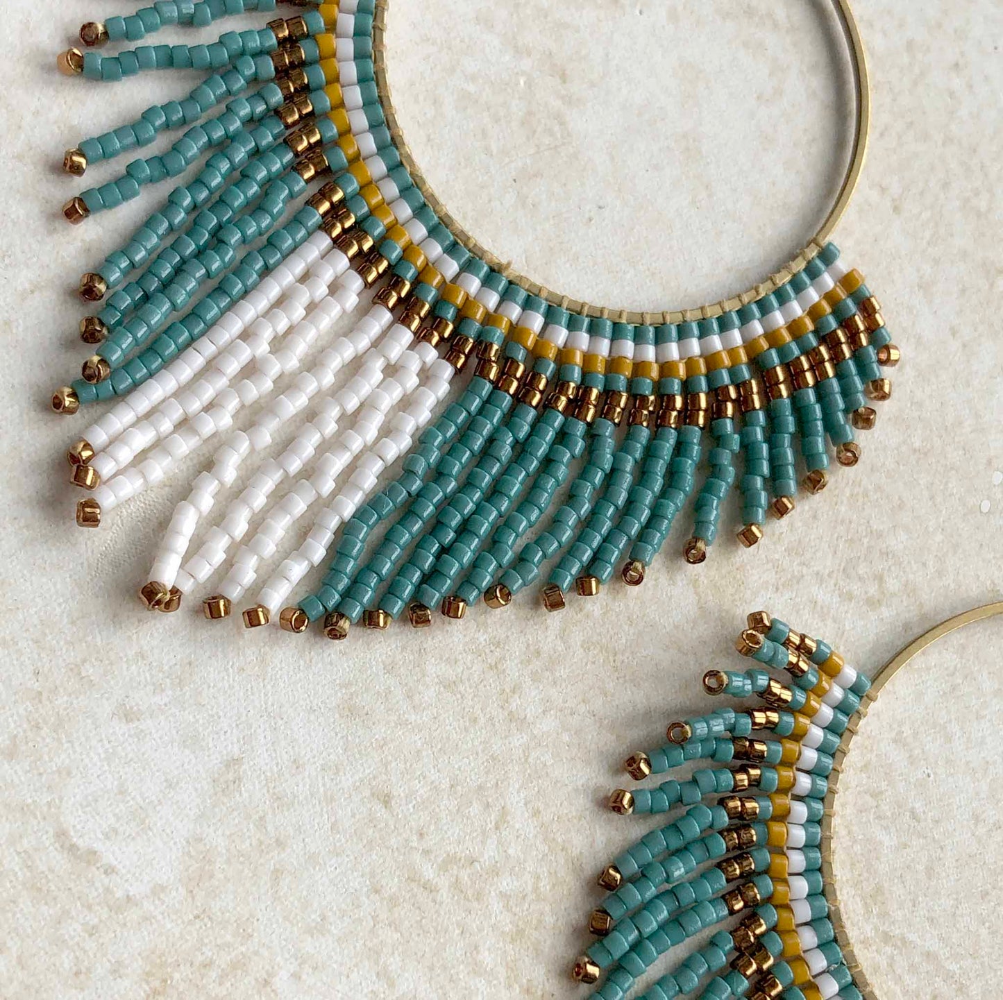 Large Beaded Fringe Statement Hoop Earrings - Eucalyptus/Mustard/Bronze/White