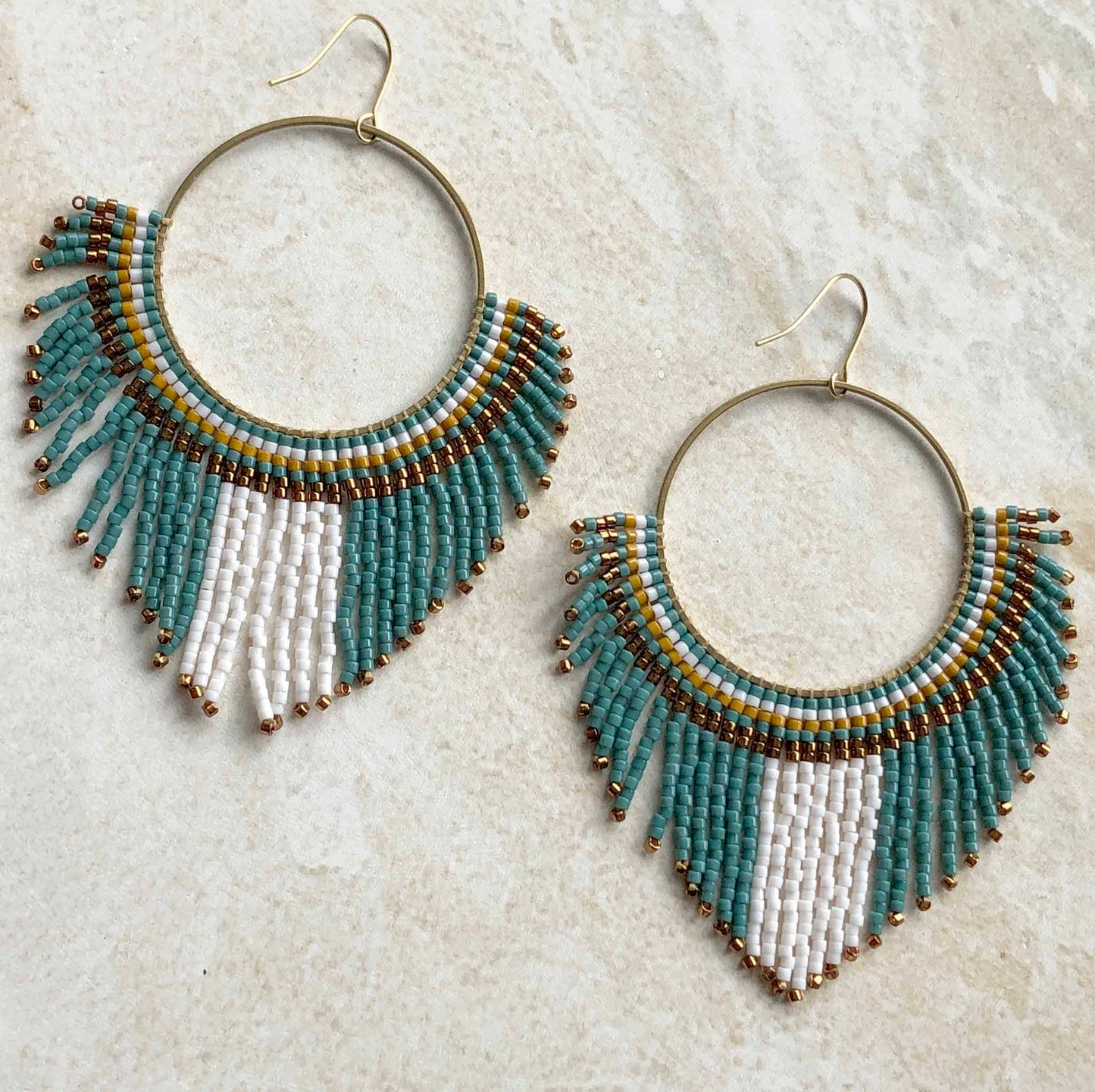 Large Beaded Fringe Statement Hoop Earrings - Eucalyptus/Mustard/Bronze/White