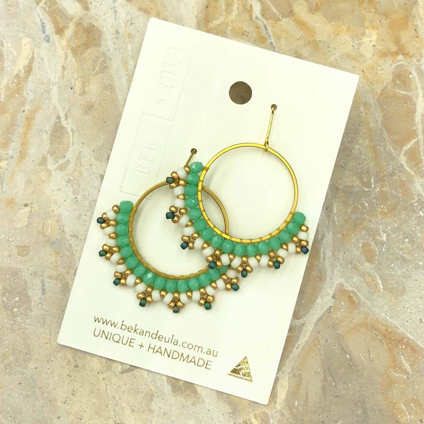 Festival bead earring hoop small - Minty Aqua/White/Gold/Teal