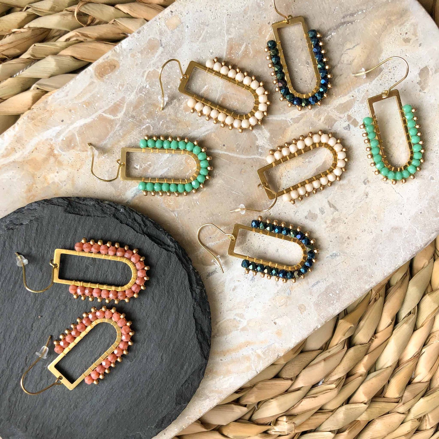 D Ring Arch Fire Polish Glass beads - Aqua/Pale Gold