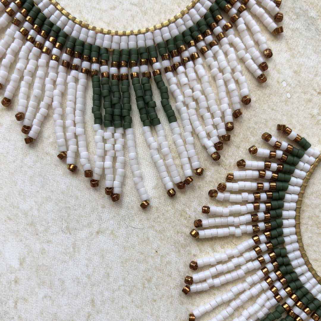 Large Beaded Fringe Statement Hoop Earrings - White, Olive, Bronze