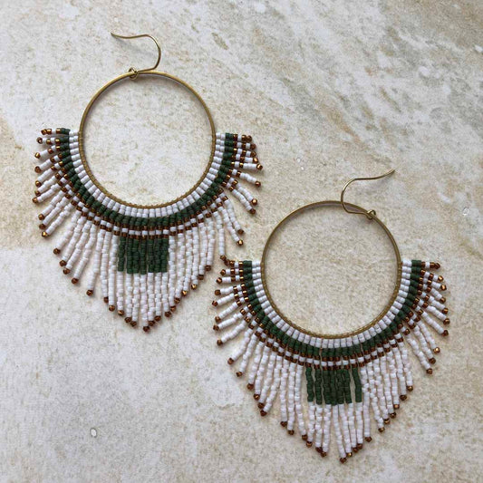 Large Beaded Fringe Statement Hoop Earrings - White, Olive, Bronze