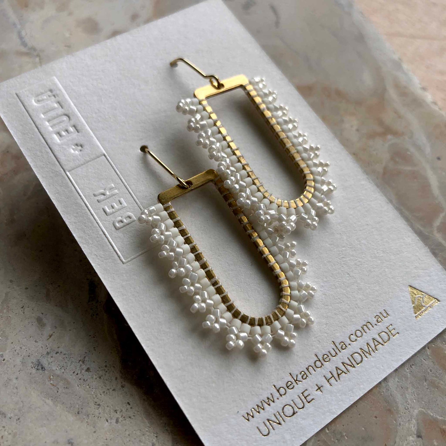 D Ring Arch Delica Glass Bead Earrings White