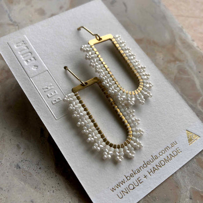 D Ring Arch Delica Glass Bead Earrings White