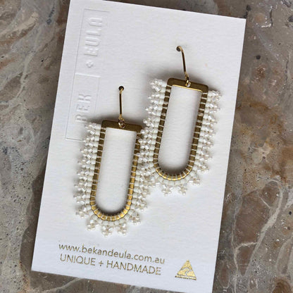 D Ring Arch Delica Glass Bead Earrings White