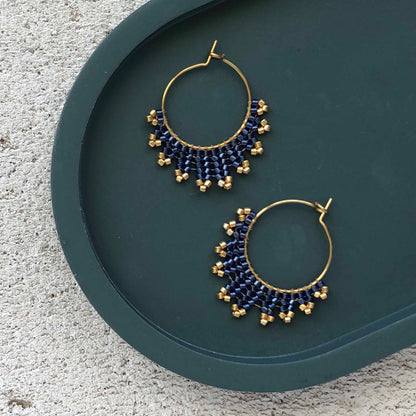 Small Delica Herringbone Hoop Bead Earrings - Midnight Blue/Gold