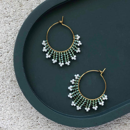 Small Delica Herringbone Hoop Bead Earrings - Green and White