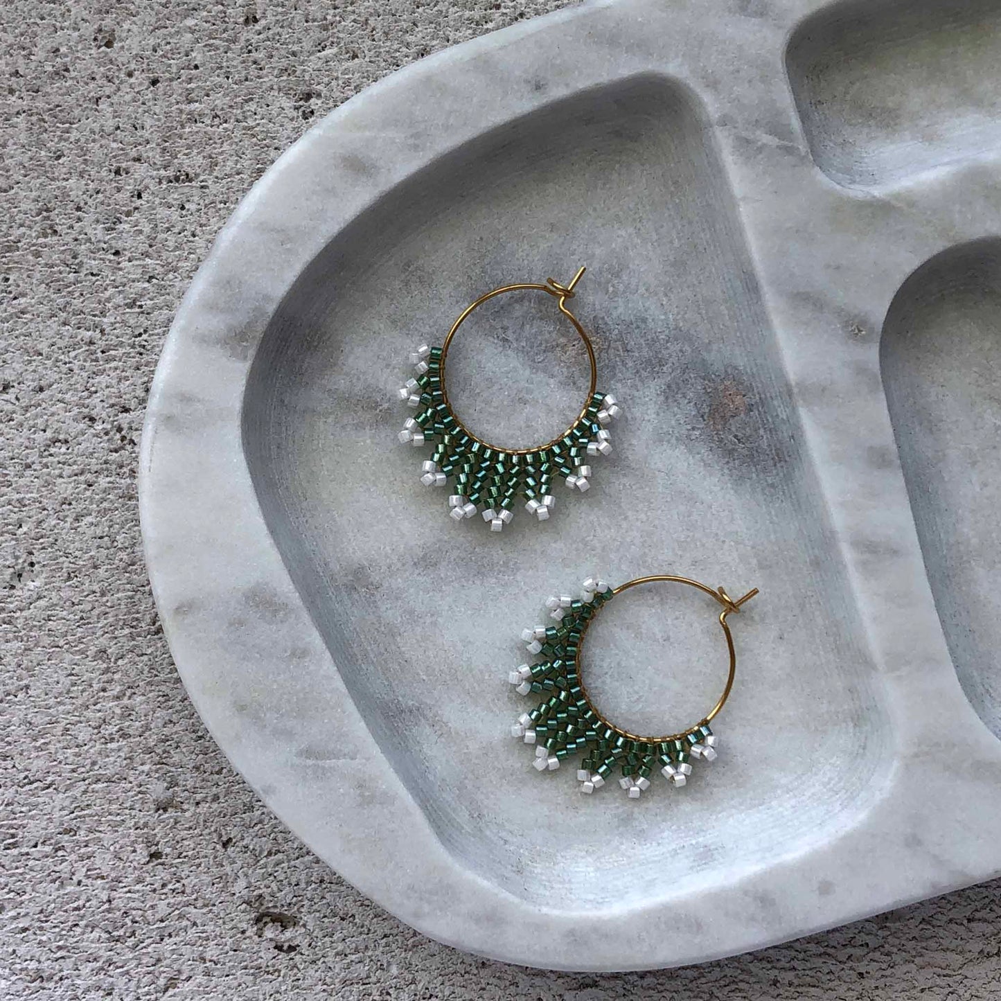 Small Delica Herringbone Hoop Bead Earrings - Green and White