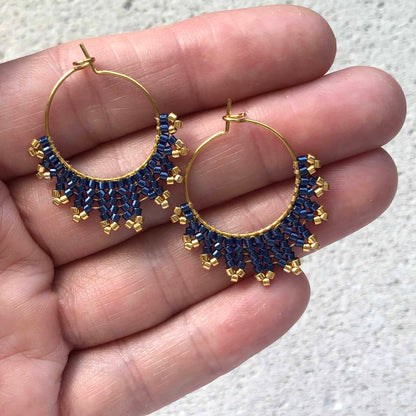Small Delica Herringbone Hoop Bead Earrings - Midnight Blue/Gold