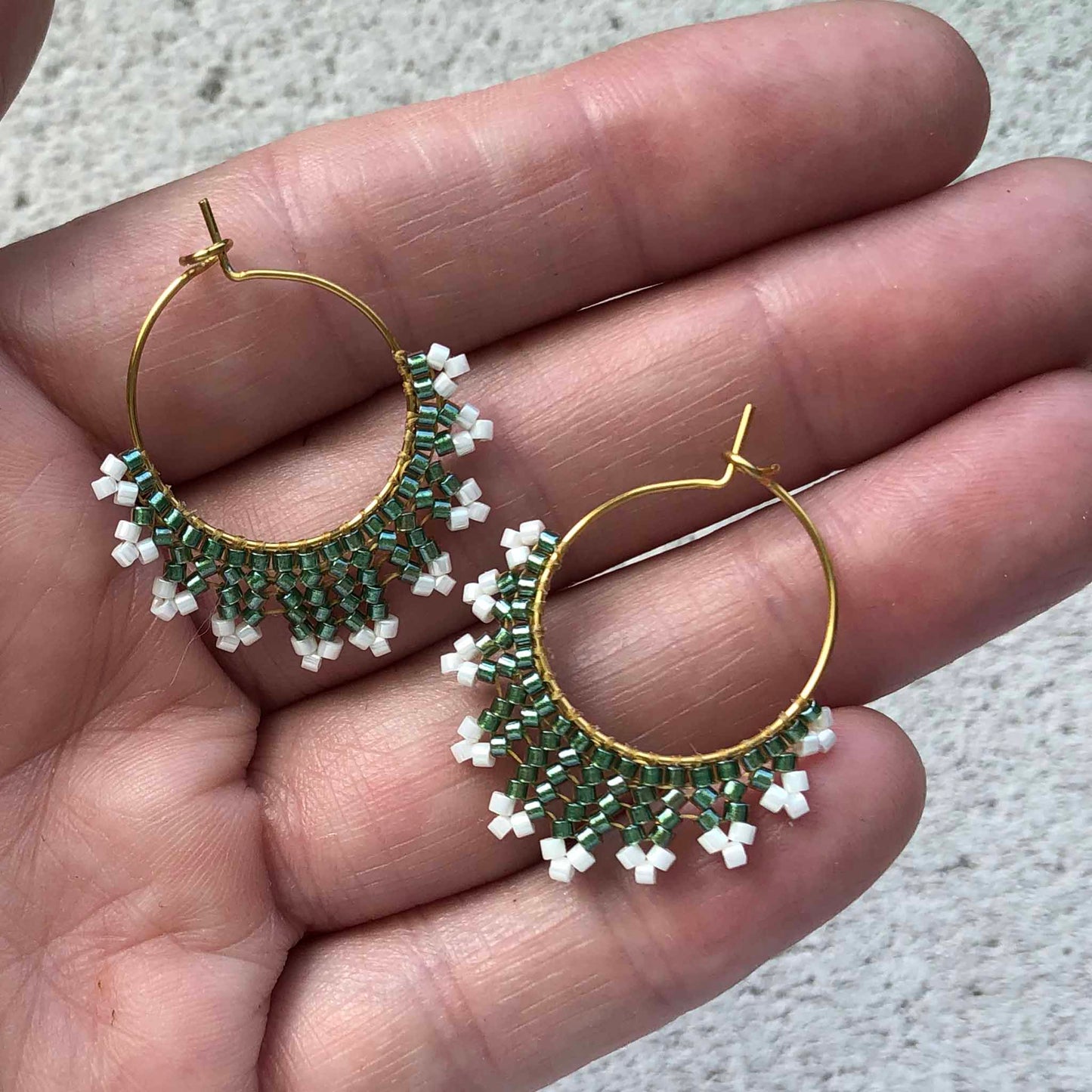 Small Delica Herringbone Hoop Bead Earrings - Green and White