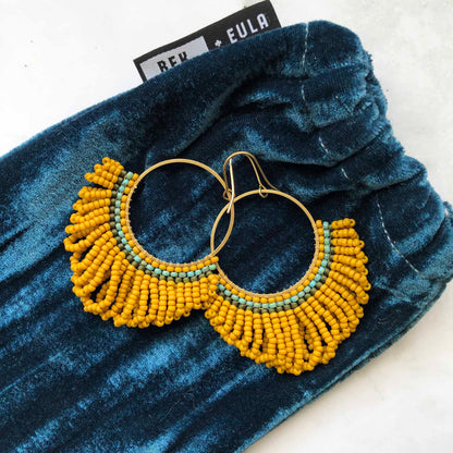 Large Looped Hoop Statement Bead Earrings - Mustard