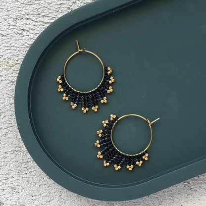 Small Delica Herringbone Hoop Bead Earrings - Black and Gold