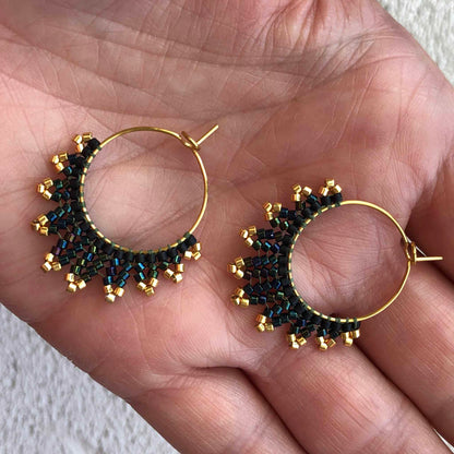 Small Delica Herringbone Hoop Bead Earrings - Black and Gold