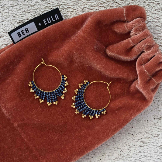 Small Delica Herringbone Hoop Bead Earrings - Midnight Blue/Gold