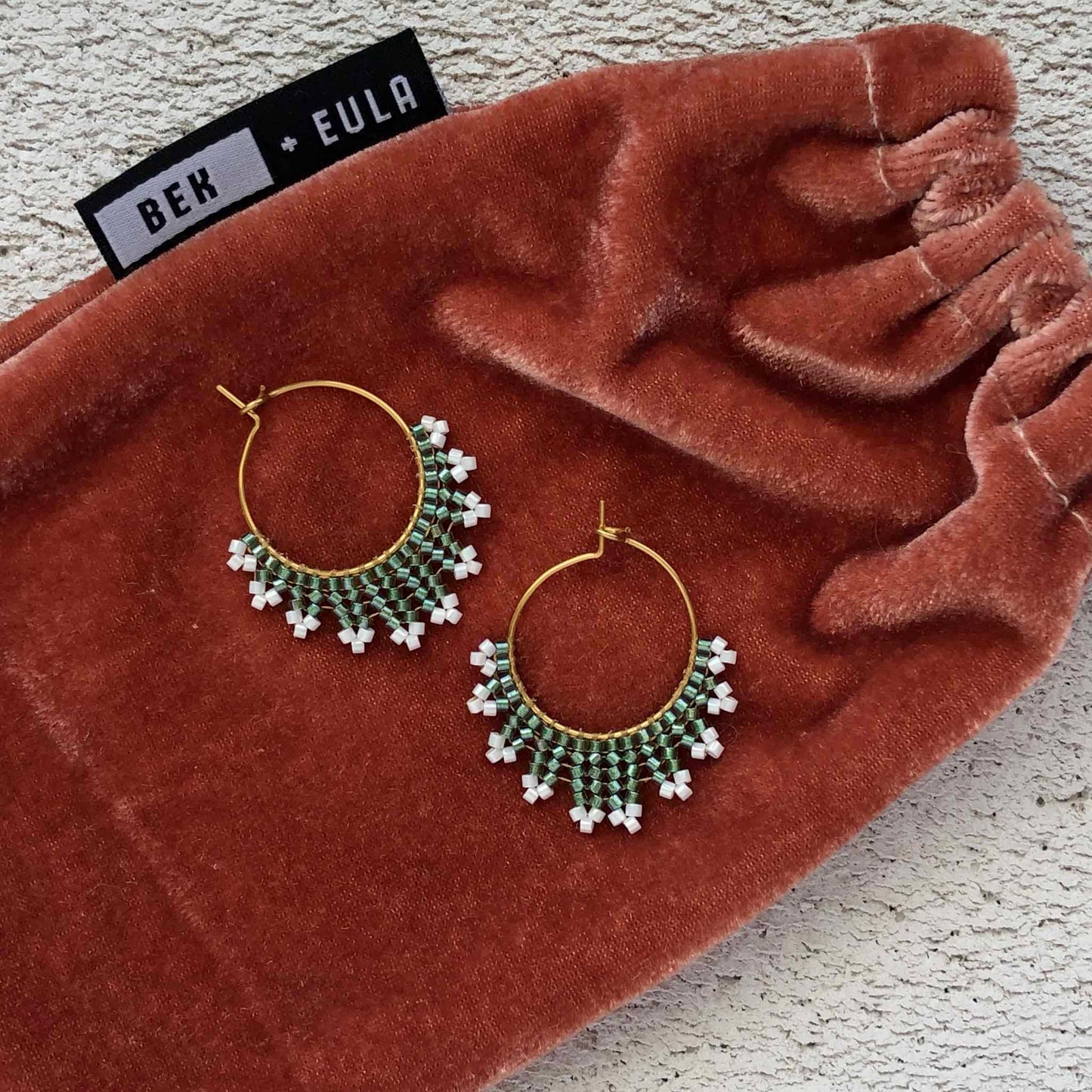Small Delica Herringbone Hoop Bead Earrings - Green and White