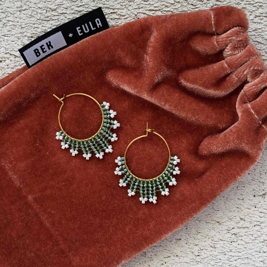 Small Delica Herringbone Hoop Bead Earrings - Green and White