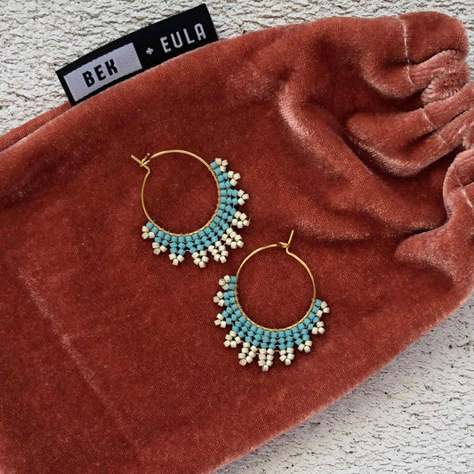 Small Delica Herringbone Hoop Bead Earrings - Turquoise and Galvanised Silver