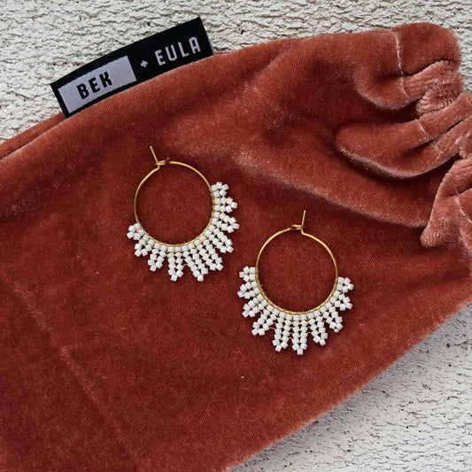 Small Delica Herringbone Hoop Bead Earrings - Soft White on White