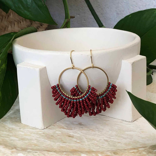 Medium Looped Hoop Statement Bead Earrings - Deep Jujube Red