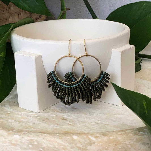 Medium Looped Hoop Statement Bead Earrings - Olive Green